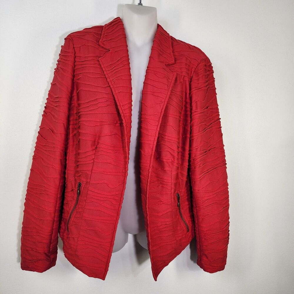 Chico's Womens Blazer Jacket Size 1 Medium 8 Red Textured Open Front Zip Pockets